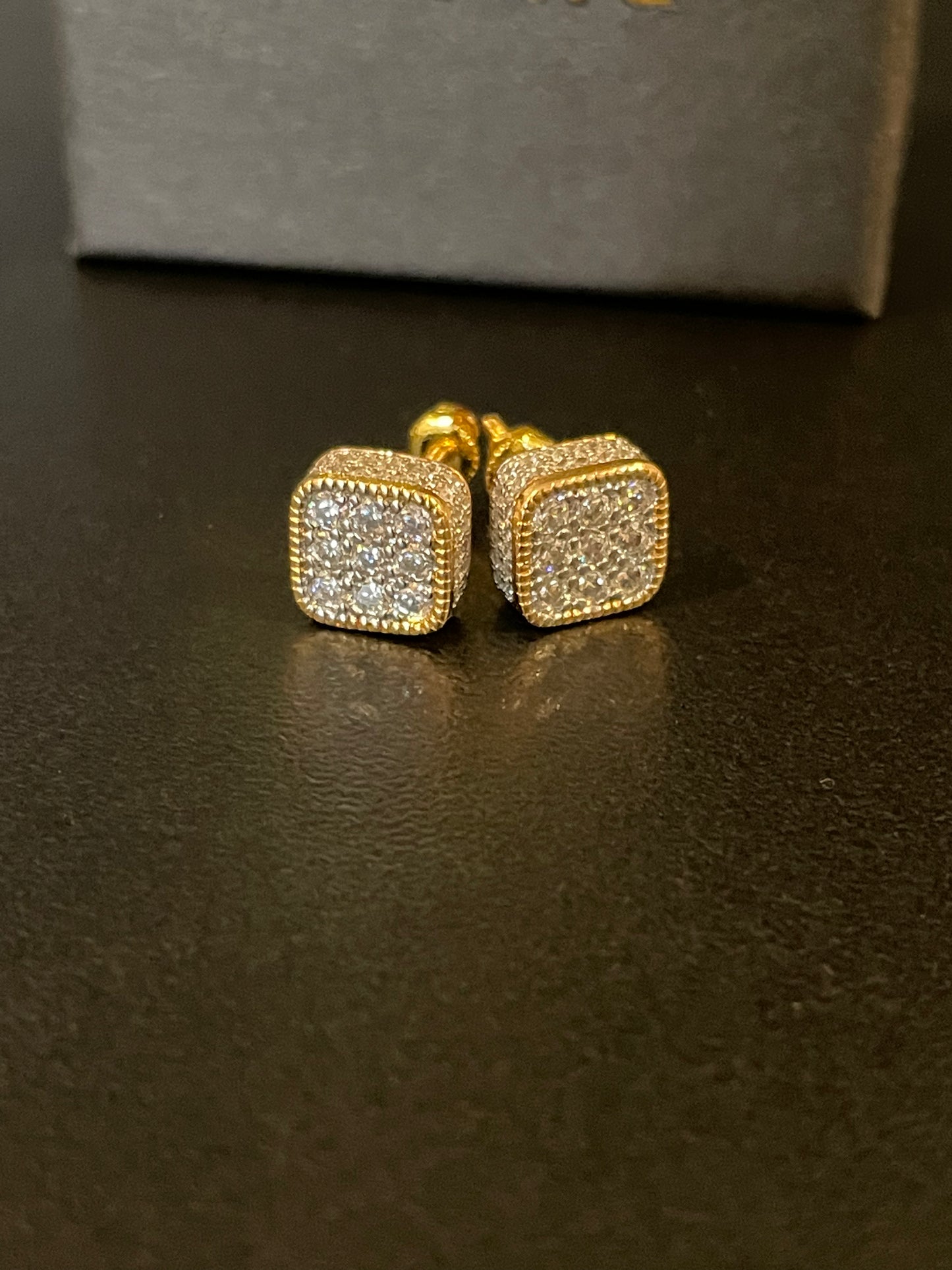 CZ gold square earrings